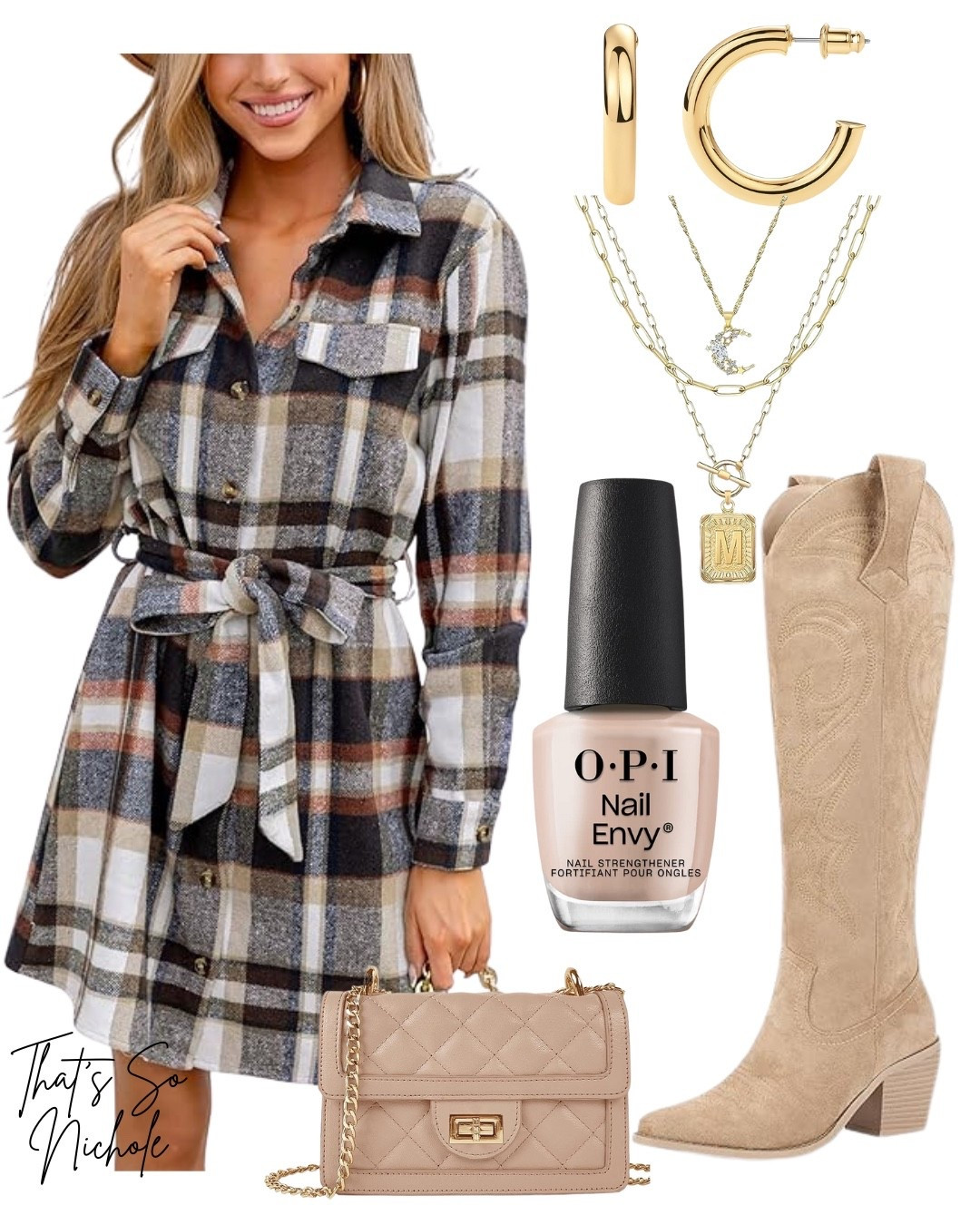 A chic fall loom featuring a plaid dress, cowboy boots, and a trendy nail polish. Perfect for adding some style to your day. 

#LTKFindsUnder100 #LTKStyleTip #LTKootd