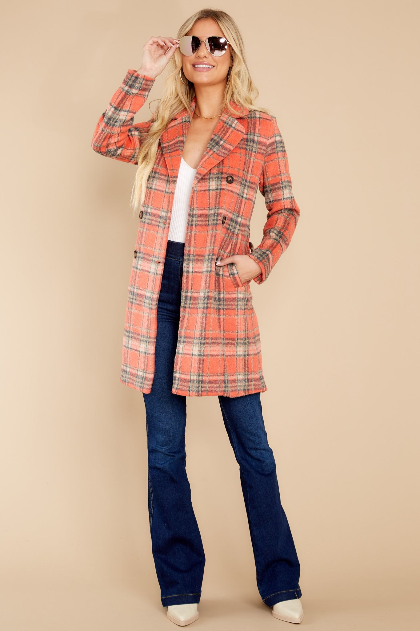 Always A Possibility Coral Orange Plaid Coat | Red Dress 