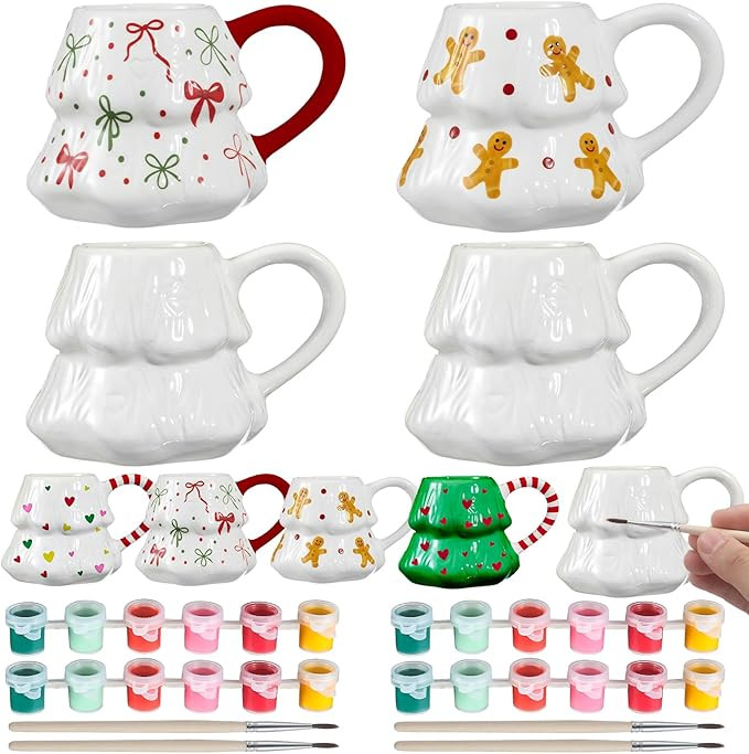 4 Set Christmas Tree Mug Paint Your Own Mug Craft Kit with 6 Color Acrylic Paints and Brush DIY C... | Amazon (US)
