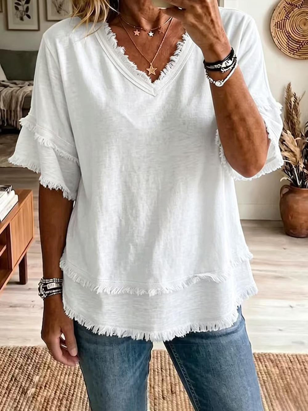 Women's Frayed Trim V Neck Blouses Short Sleeve Layered Hem Tunic Tops Casual Loose Fit Daily Wear T-Shirts | Amazon (US)