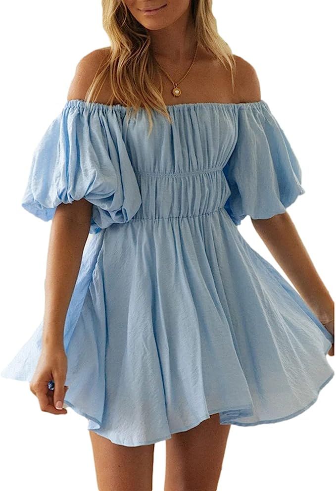 LimbirTizes Summer Women's Off Shoulder Mini Dress Puff Sleeve Boat Neck High Waist A-Line Dress ... | Amazon (US)
