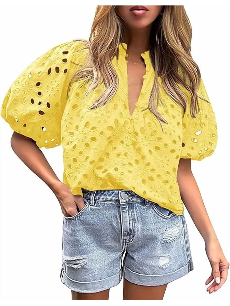 PRETTYGARDEN Women's Summer Tops Dressy Casual Short Lantern Sleeve V Neck Buttons Hollow Out Lac... | Walmart (US)