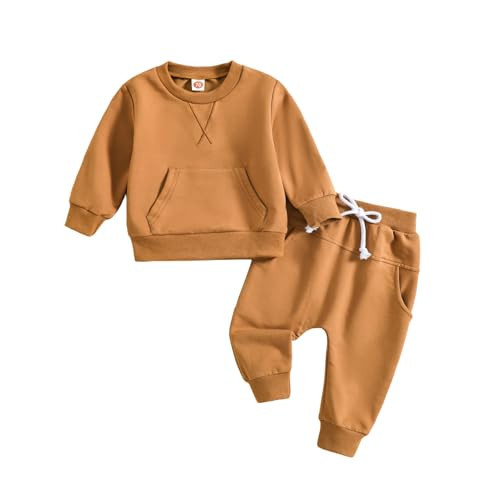 Toddler Boy Fall Outfit 2-piece Baby Boy Solid Color Cotton Clothes Infant Long Sleeve Shirt and Pant Clothing Set for Winter, Camel Brown, 2T | Amazon (US)