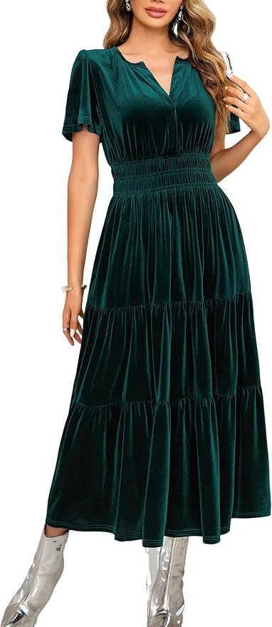 R.Vivimos Women's Fall Winter Vintage Velvet Dress Short Sleeve V Neck Elastic Waist Tiered Ruffl... | Amazon (US)