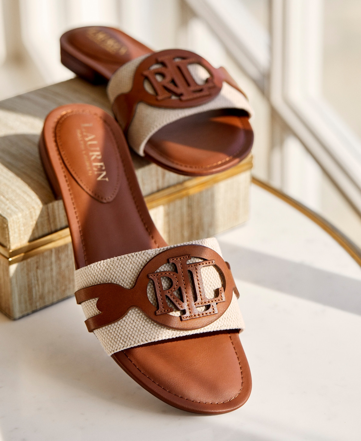 Lauren Ralph Lauren Women's Alegra Slide Sandals - Natural, Deep Saddle Tan | Macy's