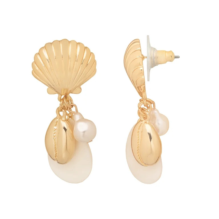Time and Tru Women's Gold Tone Metal Drop Earrings Faux Pearl Shell Dangle Design | Walmart (US)