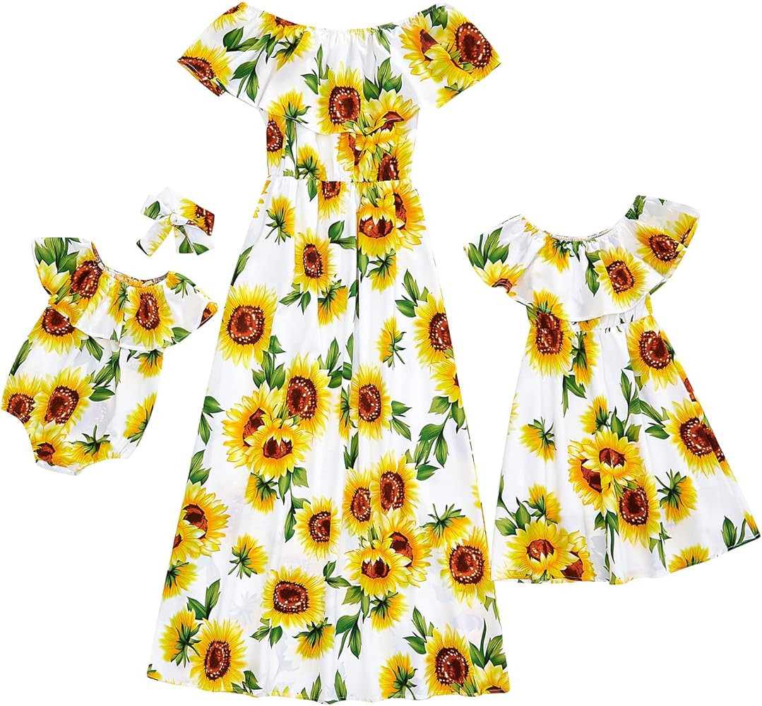 PopReal Mommy and Me Dresses Floral Printed Chiffon Bowknot Ruffles Short Sleeve Beach Mom Daught... | Amazon (US)