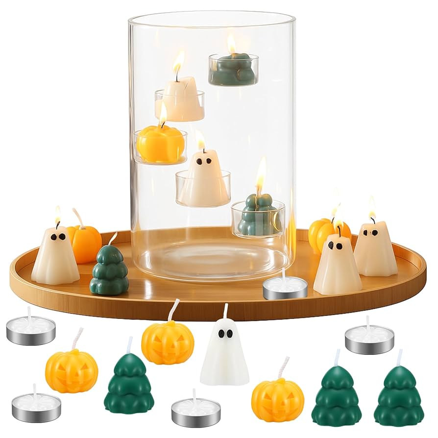 Halloween Glass Hurricane Candle Holder with 18 Pcs Ghost Pumpkin Tree Candles and 5 Tea Light Cl... | Amazon (US)