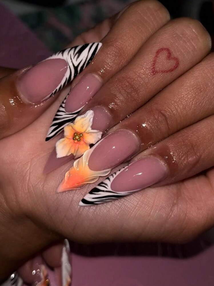 10pcs/Set Handmade Zebra Pattern French Pointed Nail Stickers, 3D Floral Nail Art Decals, Daily Wear Nail Accessories For Women & Girls Nails Nail Supplies | SHEIN