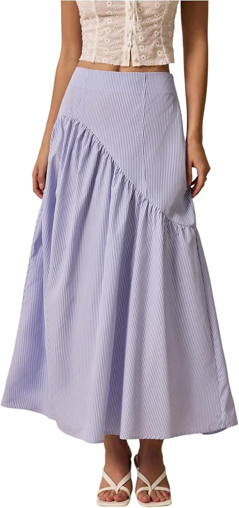 Milumia Women's Striped Print Layered Long Skirt Ruffle Flowy A Line Maxi Skirts | Amazon (US)