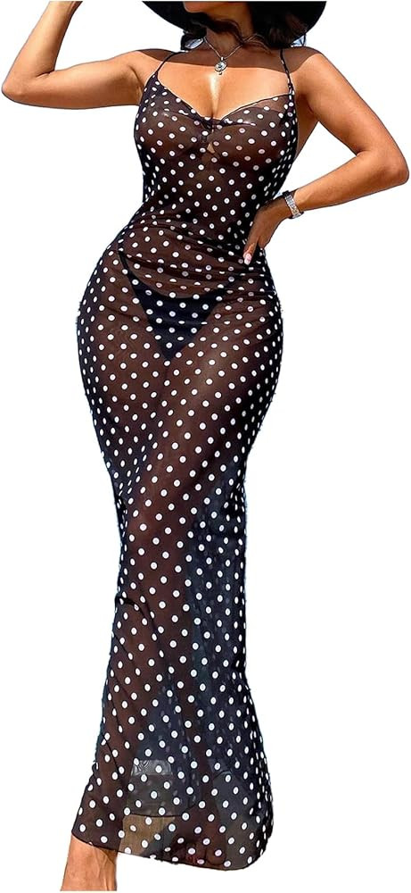 MakeMeChic Women's Polka Dots Mesh Sheer Maxi Beach Dress Draped Spaghetti Strap Bikini Cover Up | Amazon (US)