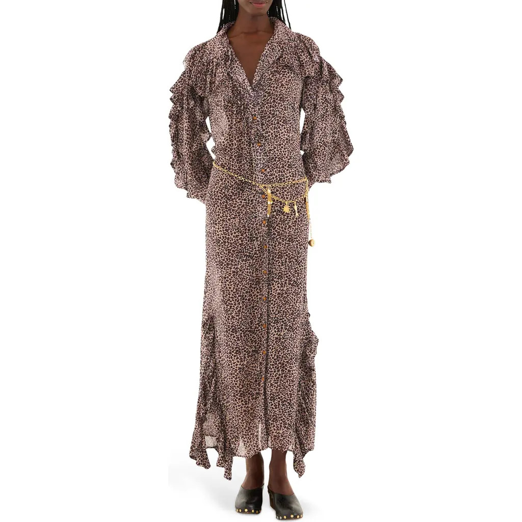 FARM Rio Baby Leopard Ruffle Long Sleeve Maxi Shirtdress in Baby Leopard Pink at Nordstrom Rack, Size X-Small | Nordstrom Rack