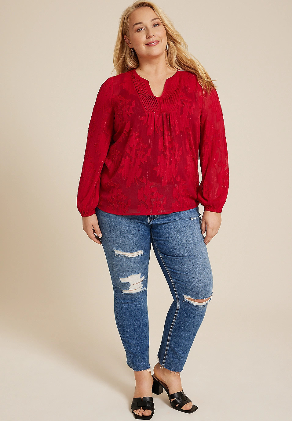 Plus Size Metallic Floral Jacquard Blouse | Maurices