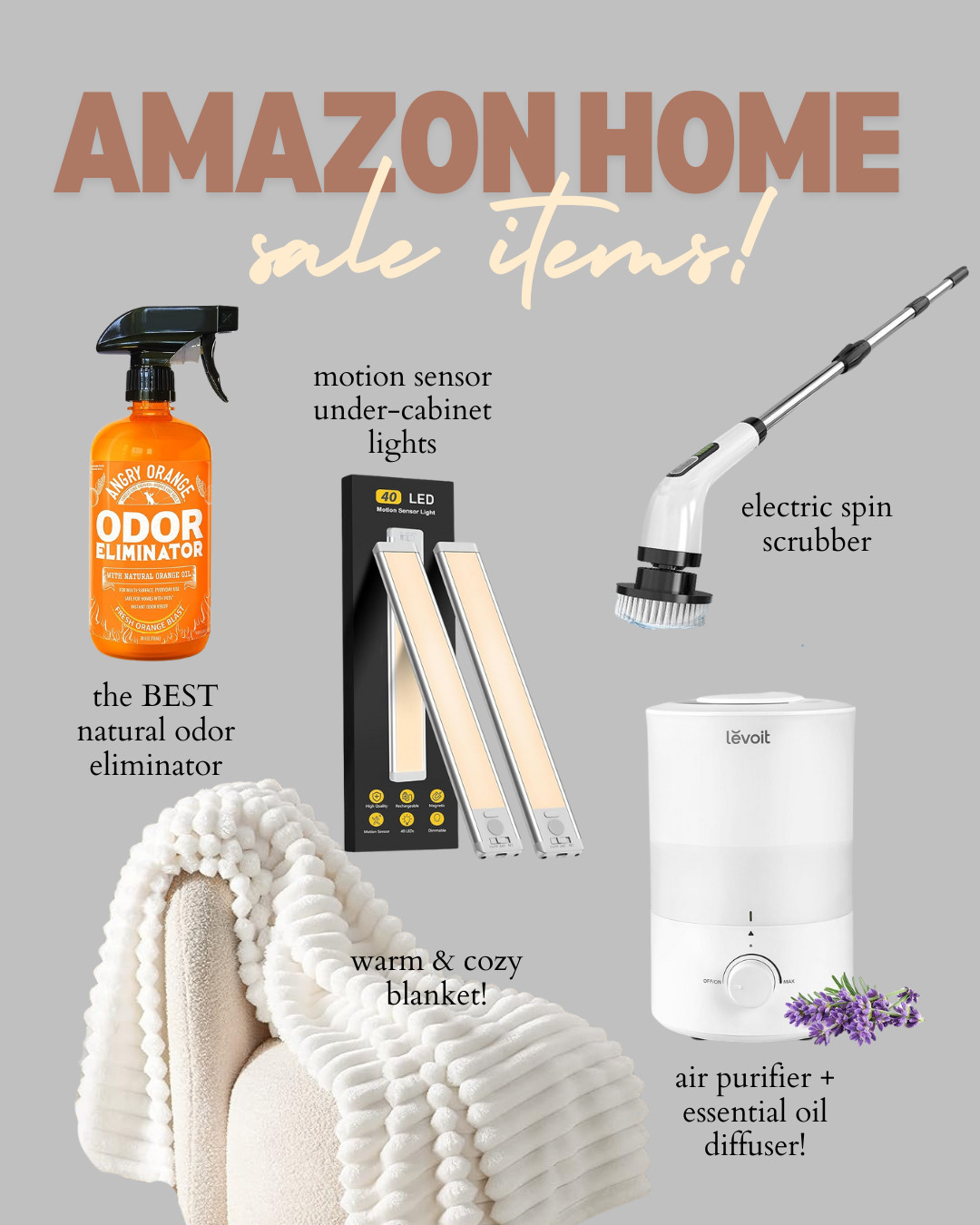 These best-selling finds will keep your space clean, cozy, and refreshed. The electric spin scrubber makes deep cleaning effortless, while motion-sensor under-cabinet lights brighten up any space. The air purifier with an essential oil diffuser creates a fresh and calming atmosphere, and the warm, cozy blanket is perfect for chilly nights. Plus, the natural odor eliminator is a game-changer for keeping your home smelling fresh. 

 #LTKSeasonal #LTKHome #LTKFamily