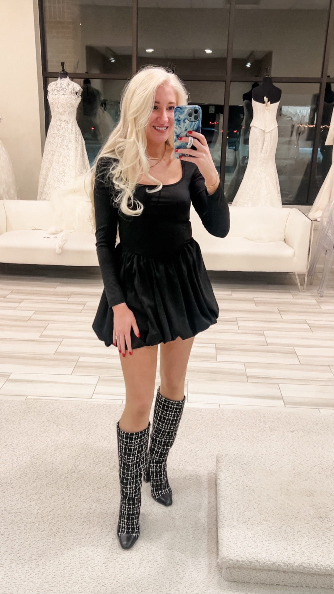 One of my favorite- affordable work dresses that is also perfect for the holidays!! (Yes I know this would not be something most people could wear to work). Stretchy and SOo cute! 
•
I style it with sheer tights and knee high boots for work, but for a night out or holiday party I would absolutely add some shimmer or sparkle tights and boots or heels! Also don’t forget to exaggerate the bubble by pulling it up a bit! 
•
Shoes are a few years old but can be found second-hand: Steve Madden Ally Cap-Toe knee high boots. 


#LTKHoliday #LTKdayinmylife #LTKootd