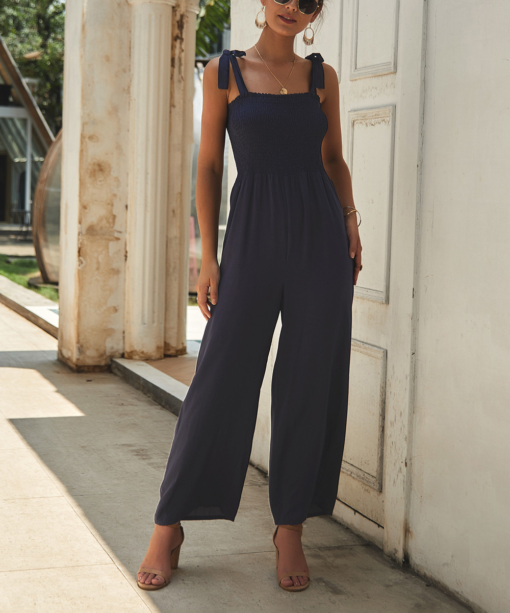 Sucrefas Women's Jumpsuits Navy - Navy Tie-Strap Sleeveless Jumpsuit - Women | Zulily