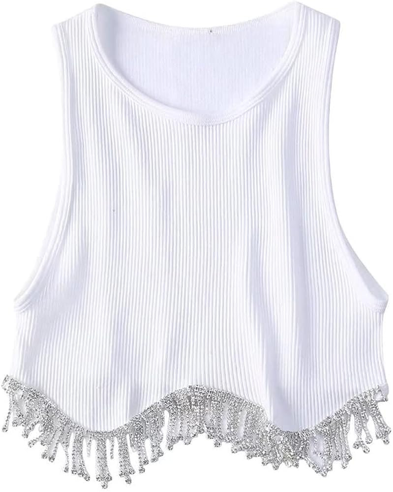 Meladyan Women Sexy Rhinestone Beading Tassel Trim Crop Tank Top Sleeveless Ribbed Knit Cropped V... | Amazon (US)