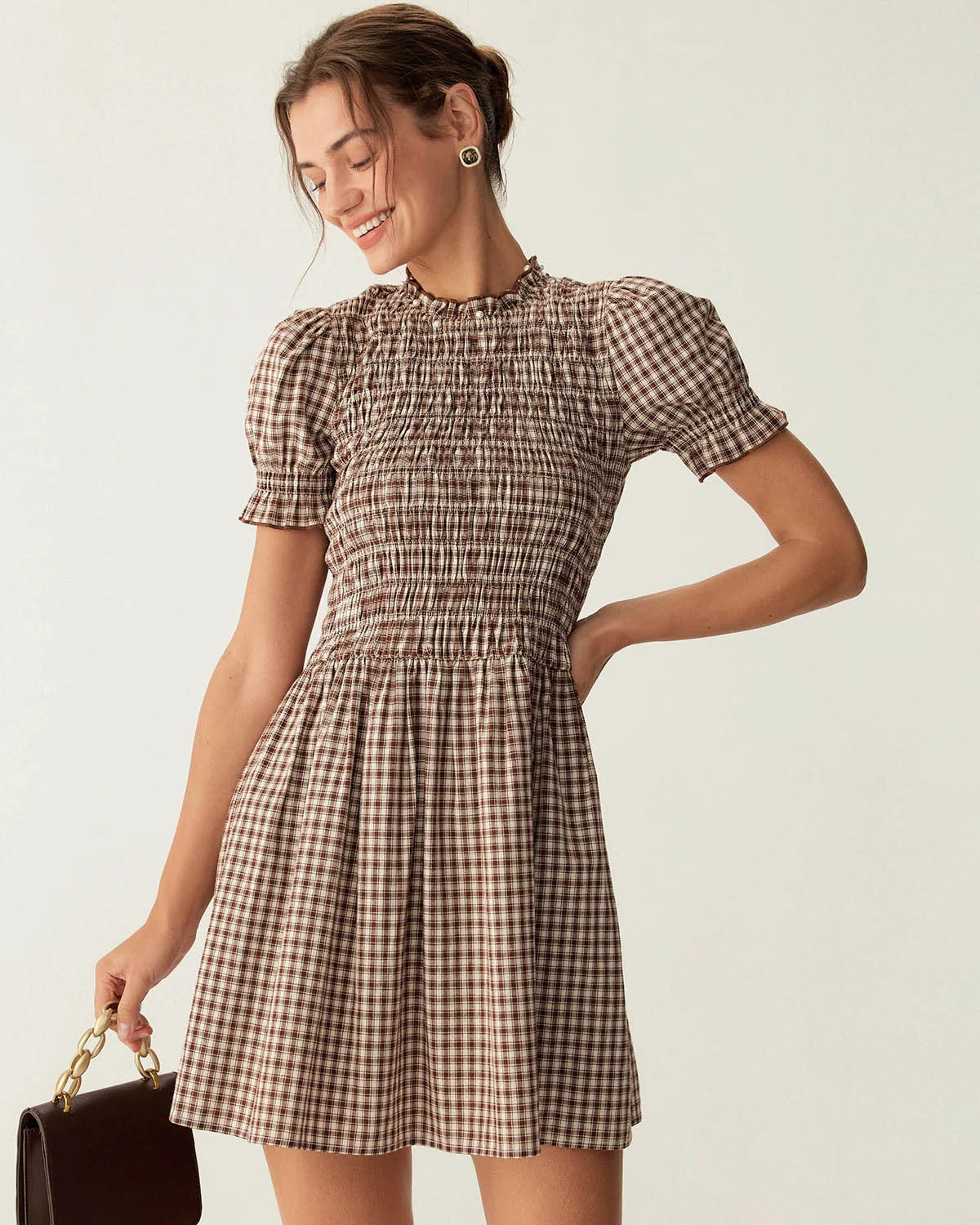 Coffee Gingham Puffed Sleeve Mini Dress & Reviews - Coffee - Dresses | RIHOAS | rihoas.com
