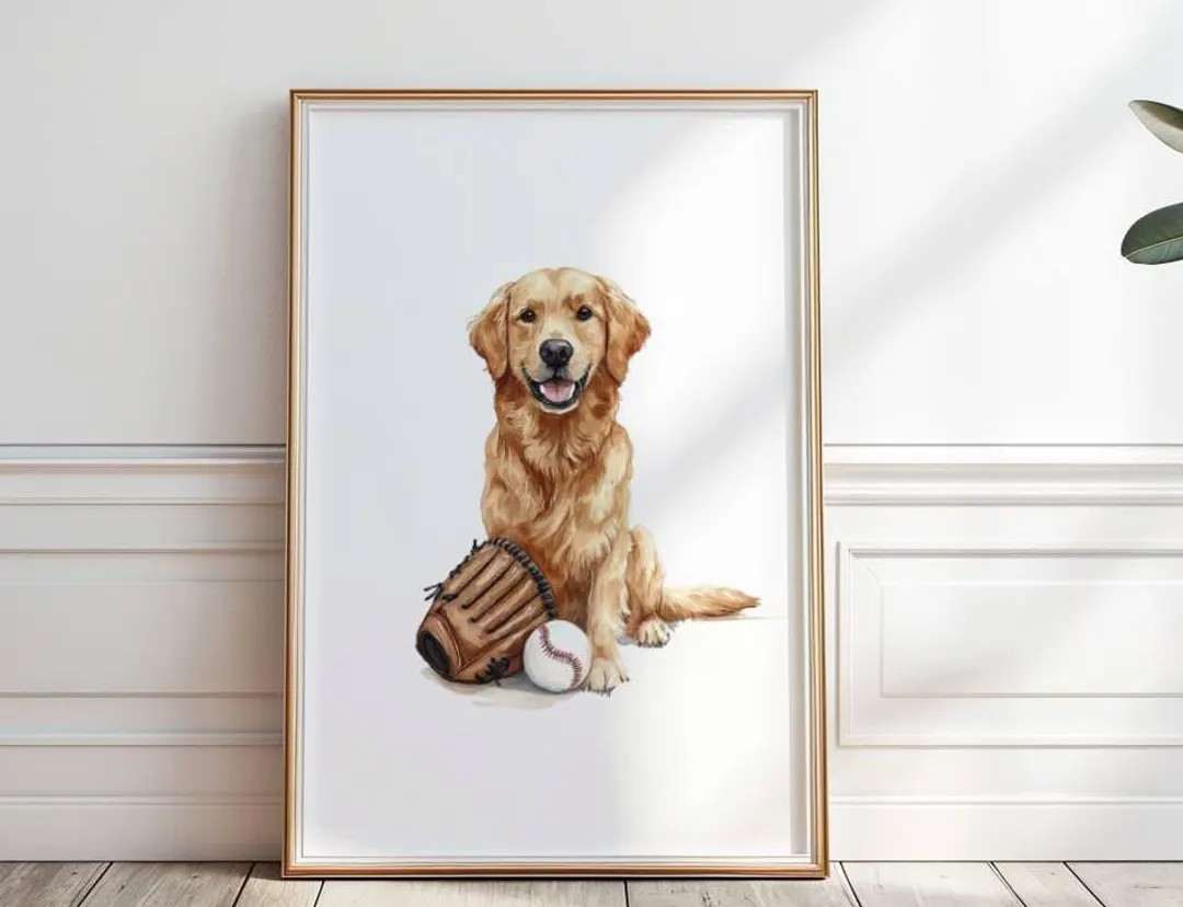 Golden Retriever Baseball Print, Puppy Baseball Wall Art, Baseball Nursery Art, Dog Playing Baseb... | Etsy (US)