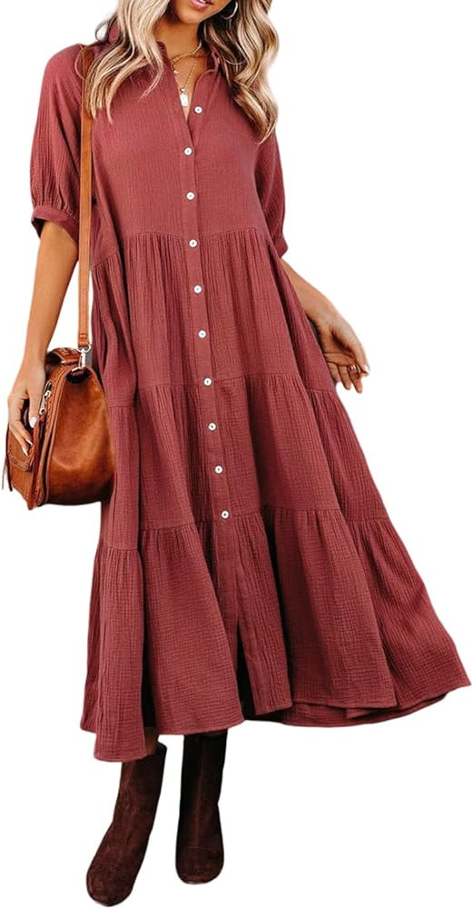 R.Vivimos Women's Summer Cotton Half Sleeves Button Down Casual Loose Slit Midi Dress with Pocket... | Amazon (US)