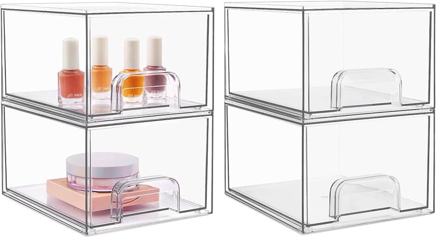 Vtopmart 4 Pack Stackable Makeup Organizer Storage Drawers, Acrylic Bathroom Organizers，Clear Plasti | Amazon (US)