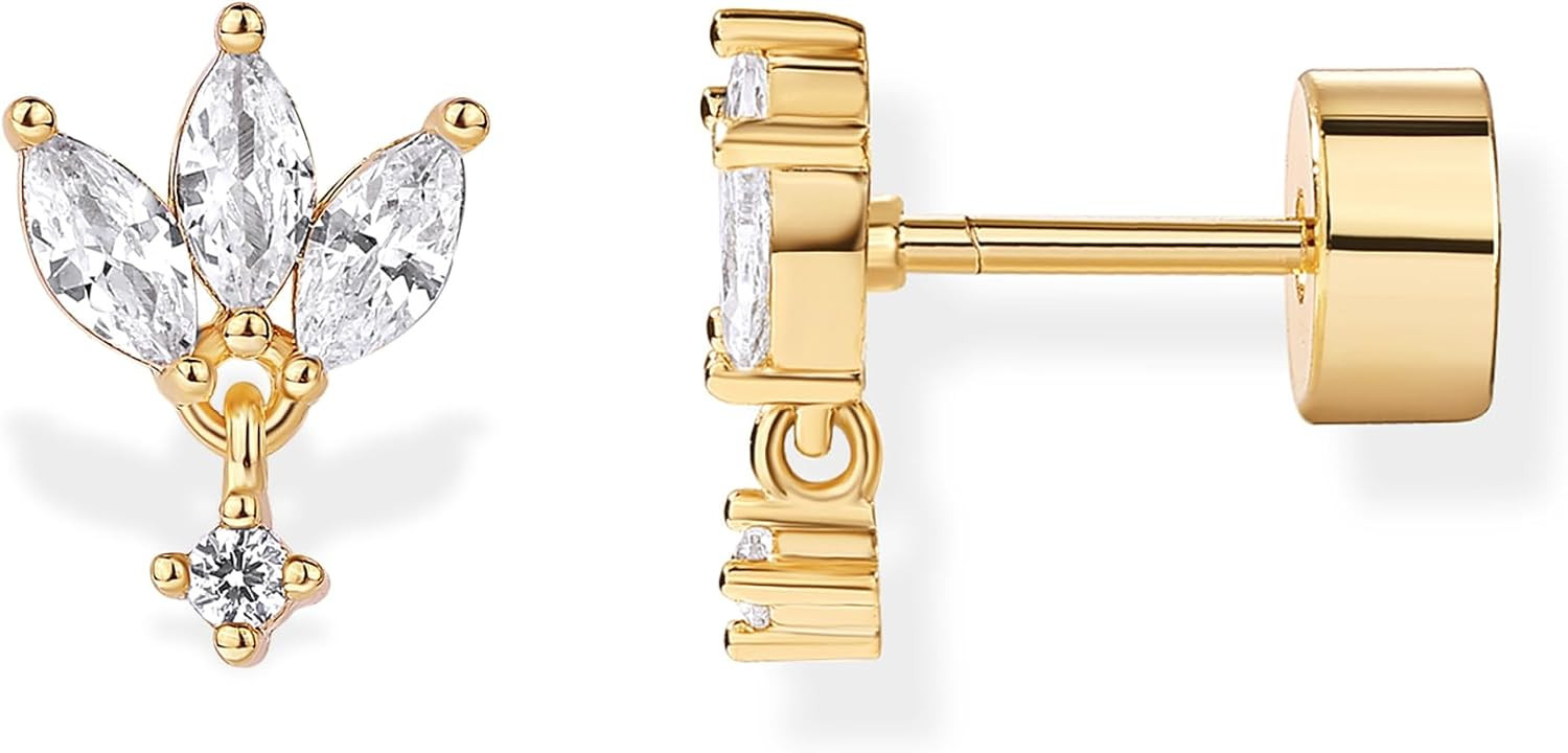PAVOI 14K Gold Plated Dangle Flat Back Earrings for Women, CZ Stud Piercing | Amazon (US)