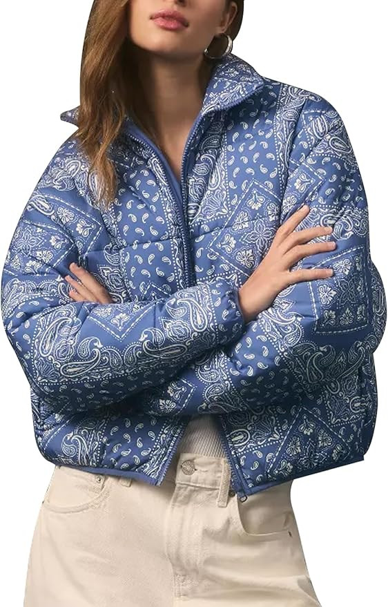 D-Sun Women's Cropped Puffer Quilted Jacket Floral Print Oversized Zip Puffer Jacket Open Front C... | Amazon (US)