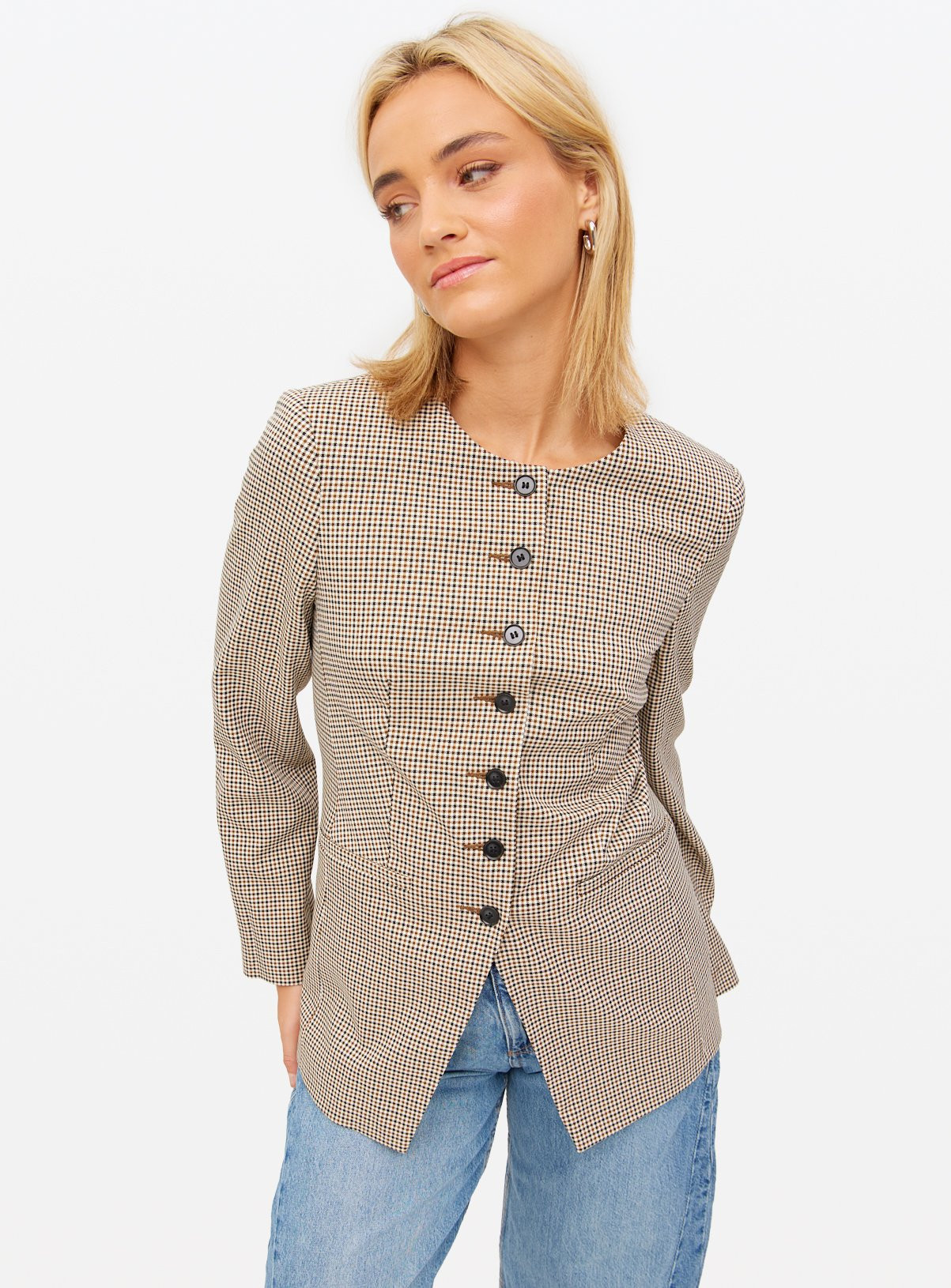 Brown Dogtooth Collarless Co-ord Blazer | Tu Clothing