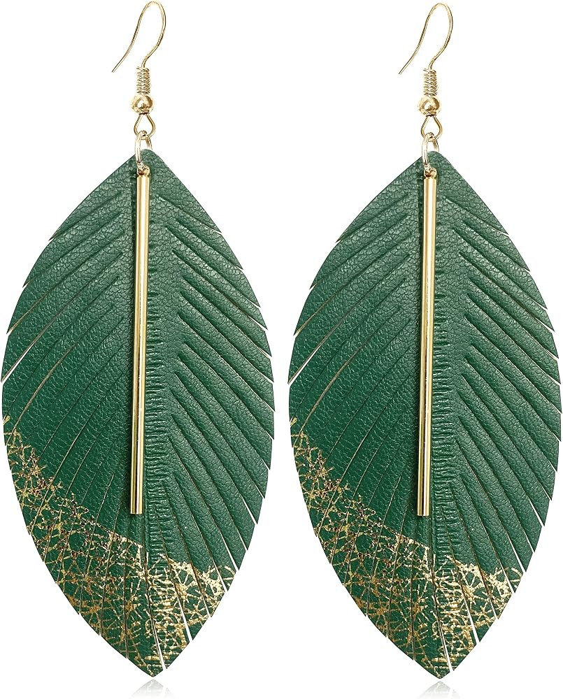 Handmade Bohemian Lightweight Soft Genuine Leather Feather Leaf Dangle Drop Earring Sparkle Real ... | Amazon (US)