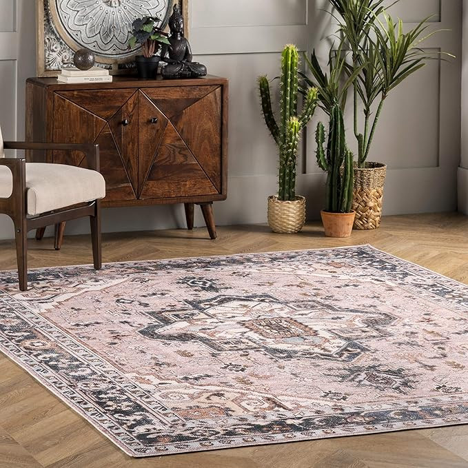 nuLOOM Sasha Machine Washable Medallion Area Rug, 4' x 6', Pink | Amazon (US)