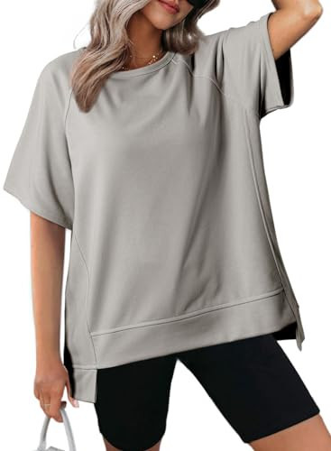 Dokotoo Spring Tops for Women 2025 Oversized T Shirts Casual Short Sleeve Hoodies Sweatshirts Top Cotton Loose Fit High Low Lightweight Thin Workout Basic Round Neck T-Shirts Blouse Grey X-Large | Amazon (US)