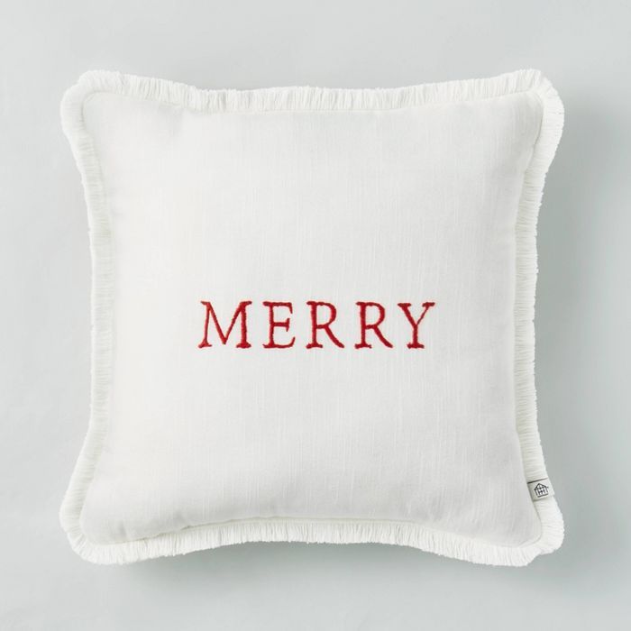 14" x 14" Embroidered 'Merry' Decor Pillow Red/White - Hearth & Hand™ with Magnolia | Target