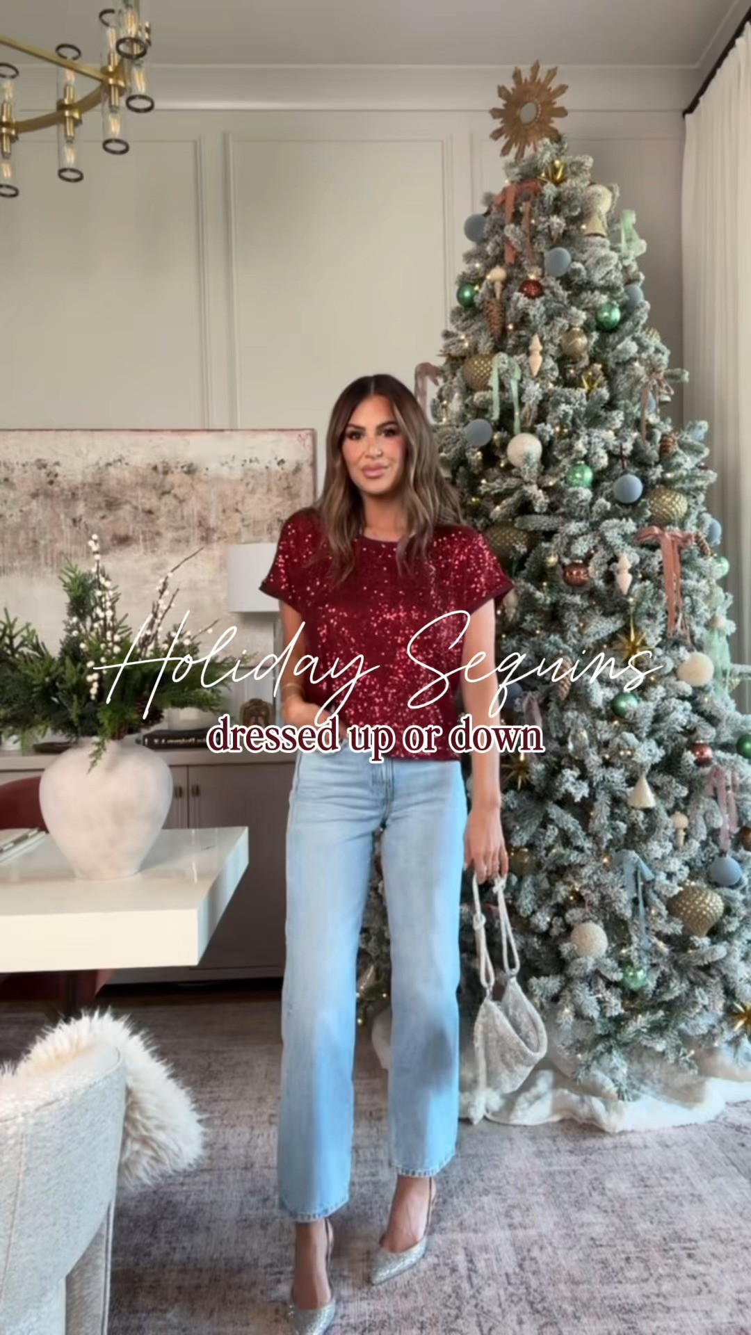 Dressed up or down, which is your fave?!  I’m loving all of these items for the Holidays from @macys ✨  

wearing a small in the tops and size 27 jeans! 

 #macyspartner #LTKHoliday