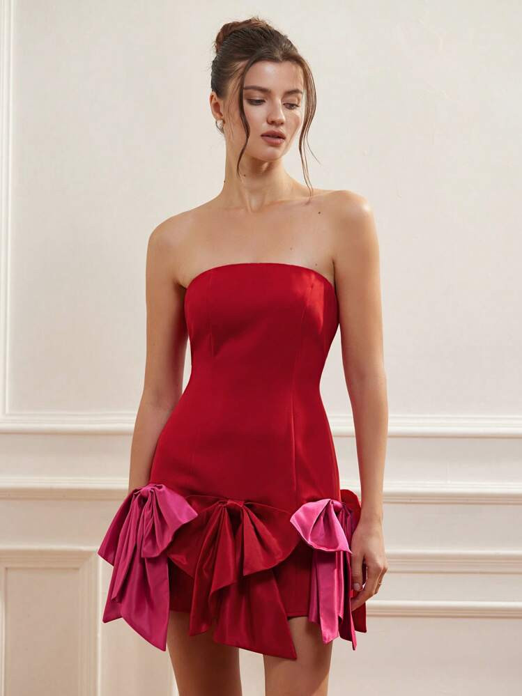 Aveloria Rosie Red Valentine's Day Strapless Bodycon Dress With High-Low Hem, Contrasting Pink Color, Oversized Romantic Bow Detail, Elegant & Sexy For Summer | SHEIN