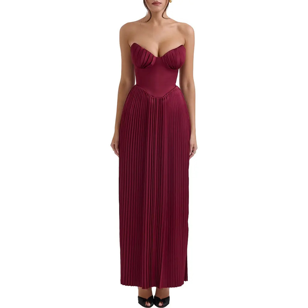 HOUSE OF CB Marcella Strapless Pleated Georgette Gown in Cabernet at Nordstrom, Size X-Large D | Nordstrom