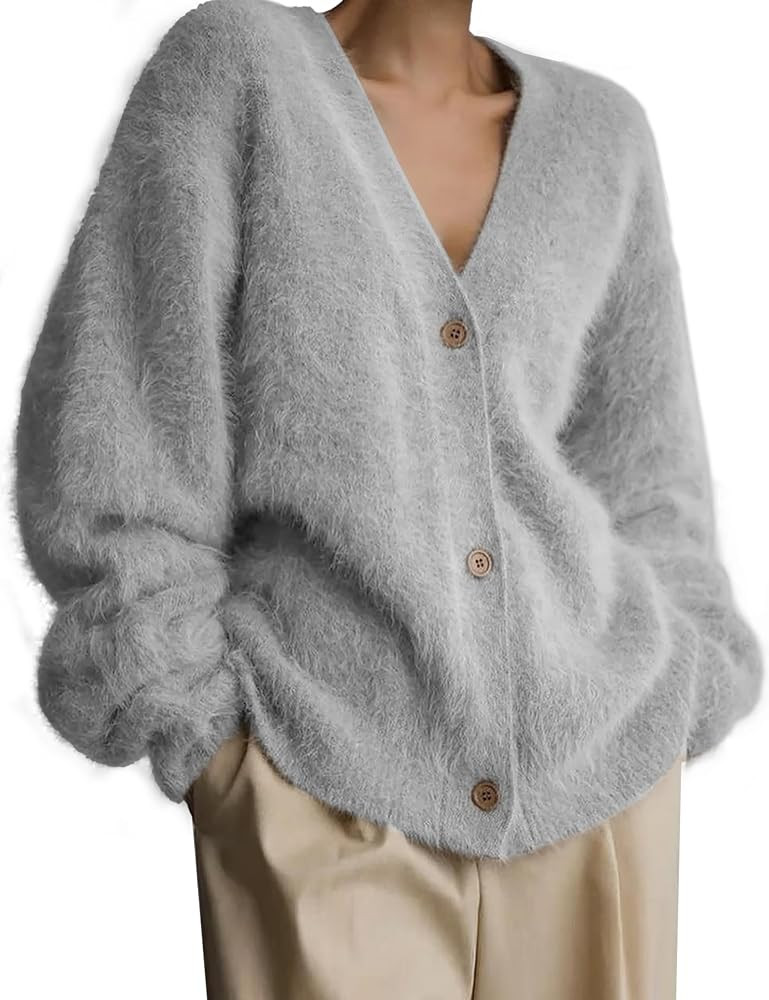 Fuzzy Cardigan Sweaters for Women V Neck Button Down Fluffy Knit Sweater Long Sleeve Cardigan Swe... | Amazon (US)