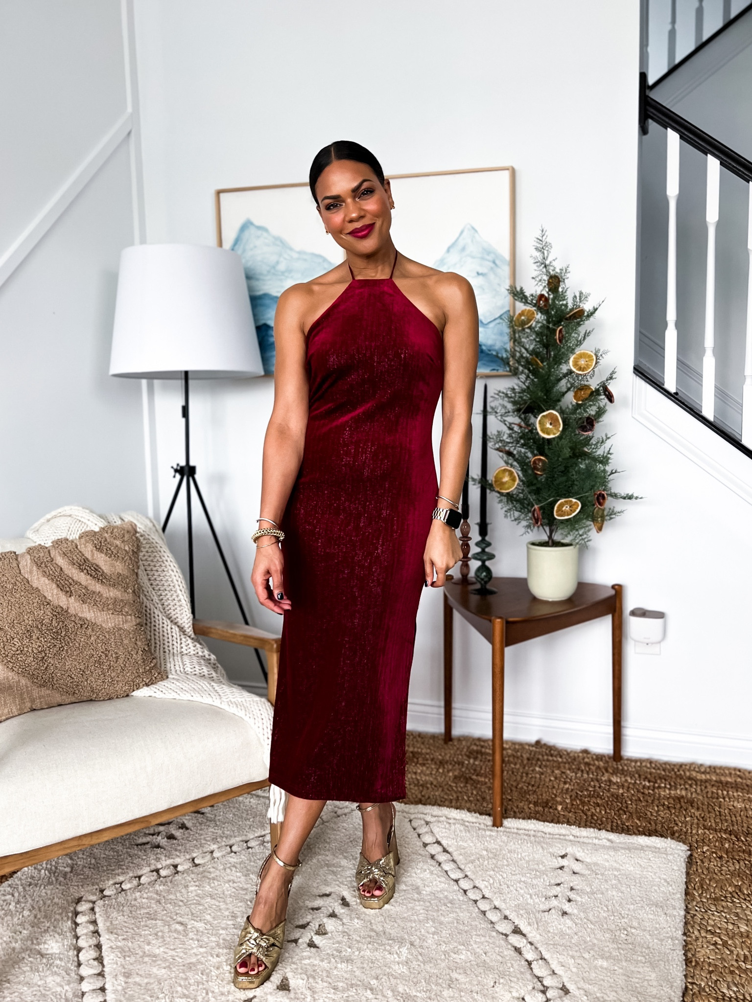 THIS DRESS! I love the halter with slim tie. It is stretchy, and I got my regular size. The color is fantastic and at just $68

#LTKSeasonal #LTKHoliday