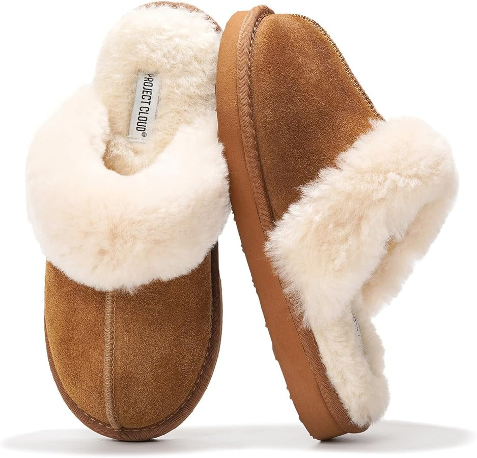 Project Cloud Womens Slippers Genuine Suede & Real Shearling Fur Lining - Memory Foam House Slipp... | Amazon (US)