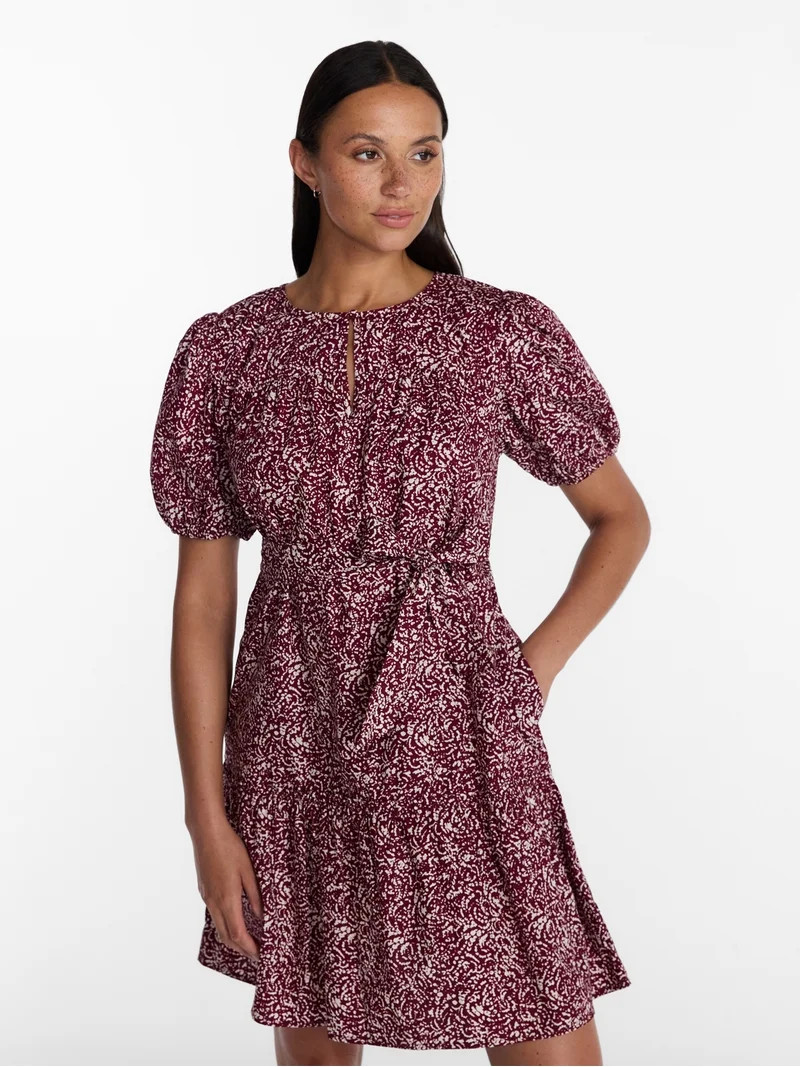 Time and Tru Women's Cotton Mini Dress with Puff Sleeves, Sizes XS-4X | Walmart (US)