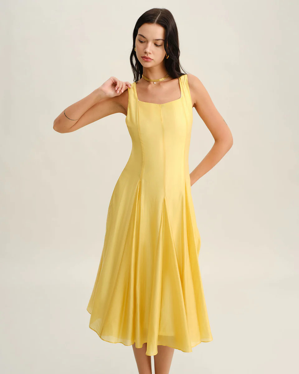 Yellow Square Neck Pleated Slip Midi Dress | rihoas.com