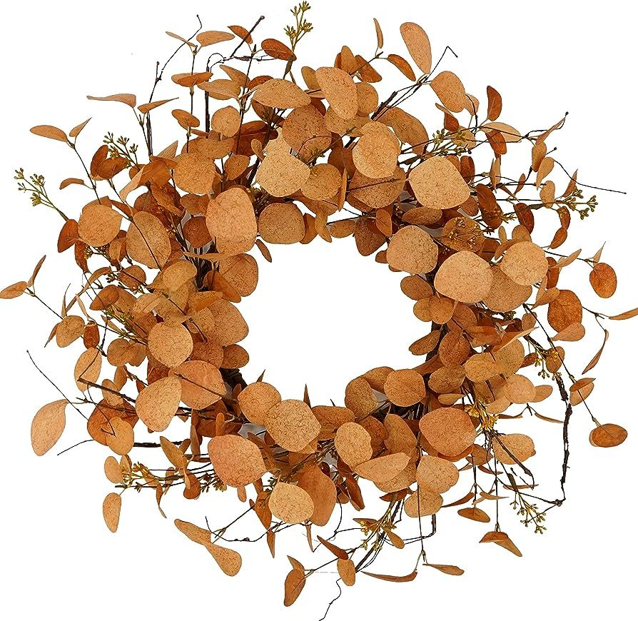 20 inch Artificial Fall Eucalyptus Wreath for Front Door with Orange Eucalyptus Leaves,Dry Vine B... | Amazon (US)