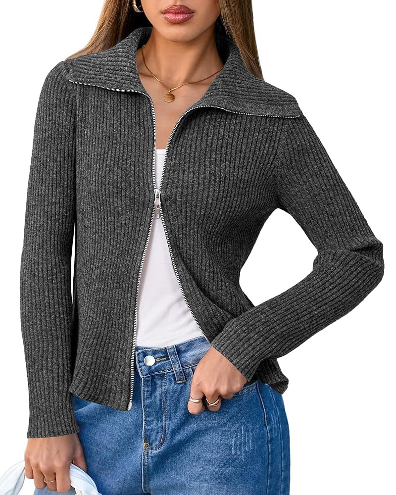 Arach&Cloz Women's Wool Blend Fall Zip Up Lapel Neck Business Cardigan Sweaters 2025 | Amazon (US)