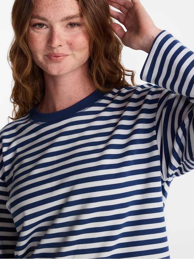 No Boundaries Oversize LS Stripe Tee, Women\u2019s Sizes XXS-XXL | Walmart (US)