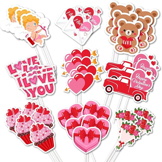 Whaline 72Pcs Valentine's Day Cupcake Toppers 9 Designs Heart Bear Cupid Cake Toppers Cute Party ... | Amazon (US)