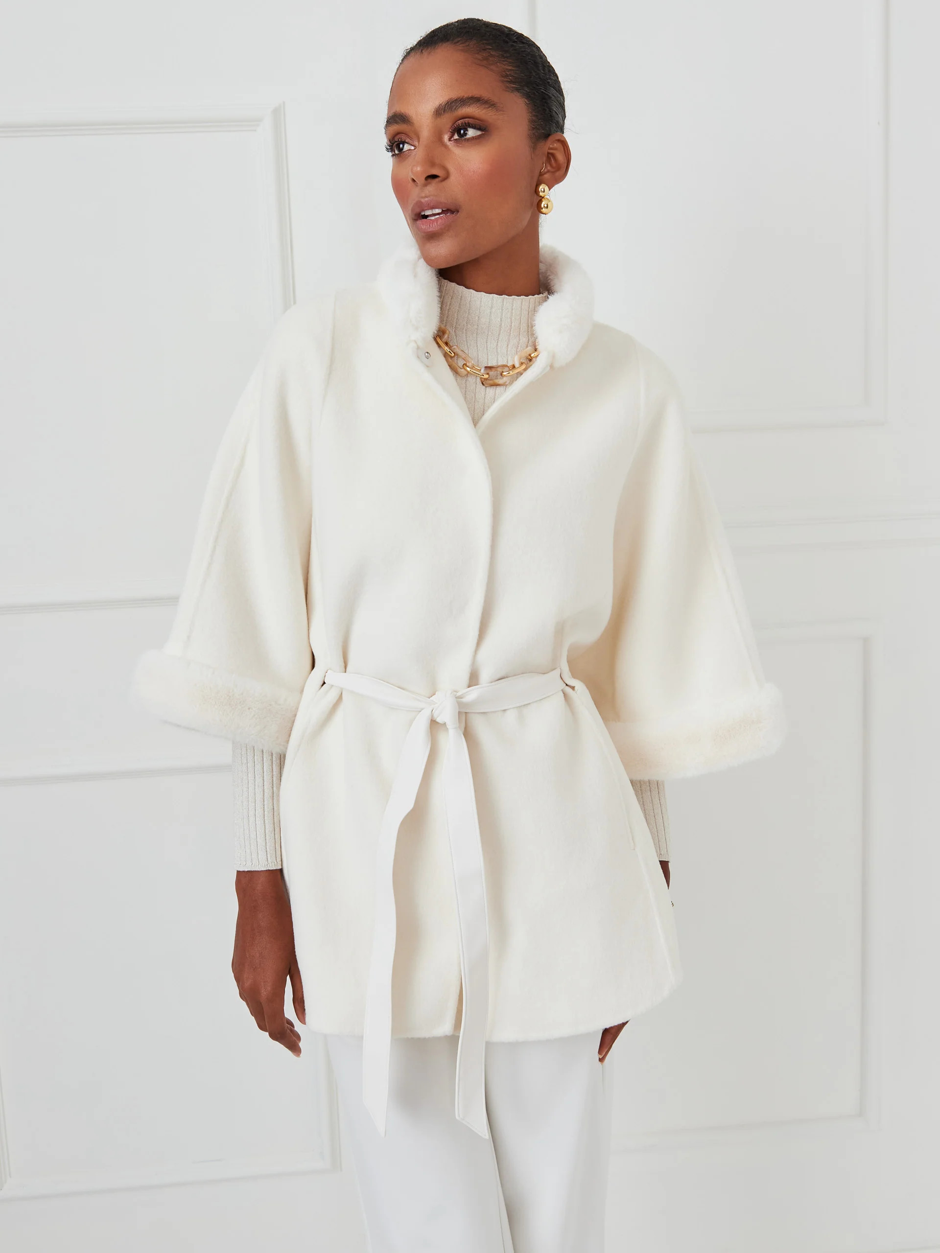 Off_White Solid Davos Faux Fur Cape | Women's Ponchos & Wraps | J.McLaughlin | J.McLaughlin