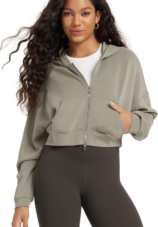 ODODOS Women's Modal Soft Full-Zip Cropped Hoodies with Pockets Long Sleeve Crop Casual Sweatshir... | Amazon (US)