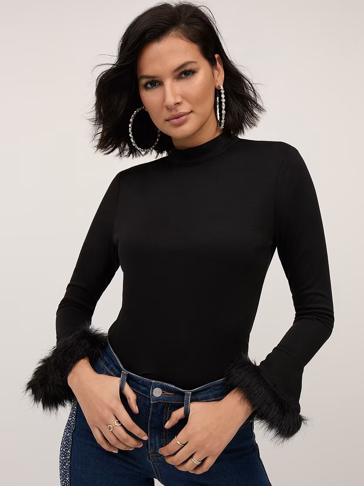 Fur-Cuff Mock-Neck Top - New York & Company | New York & Company