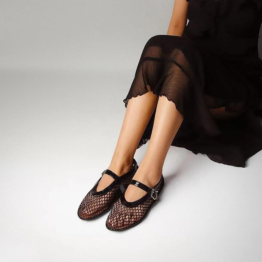 DOEYG Mesh Ballet Flats for Women Buckle Strap Comfy Casual Office Fishnet Ballerina Flat Shoes | Amazon (US)