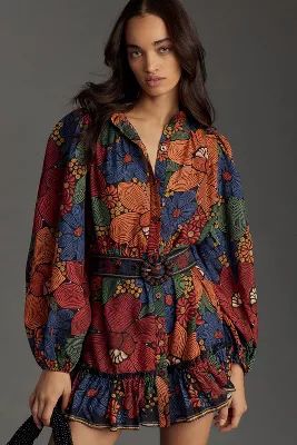 Farm Rio Long-Sleeve Stitched Flowers Mini Dress | Anthropologie (US)