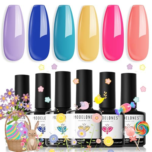modelones Gel Nail Polish Set - 6 Colors 2026 Spring Easter Neon Bright Gel Polish Hot Pink Royal Blue Purple Turquoise Peaches Coral Yellow Pastel Nail Polish Soak Off LED Manicure DIY Gift Unisex | Amazon (US)